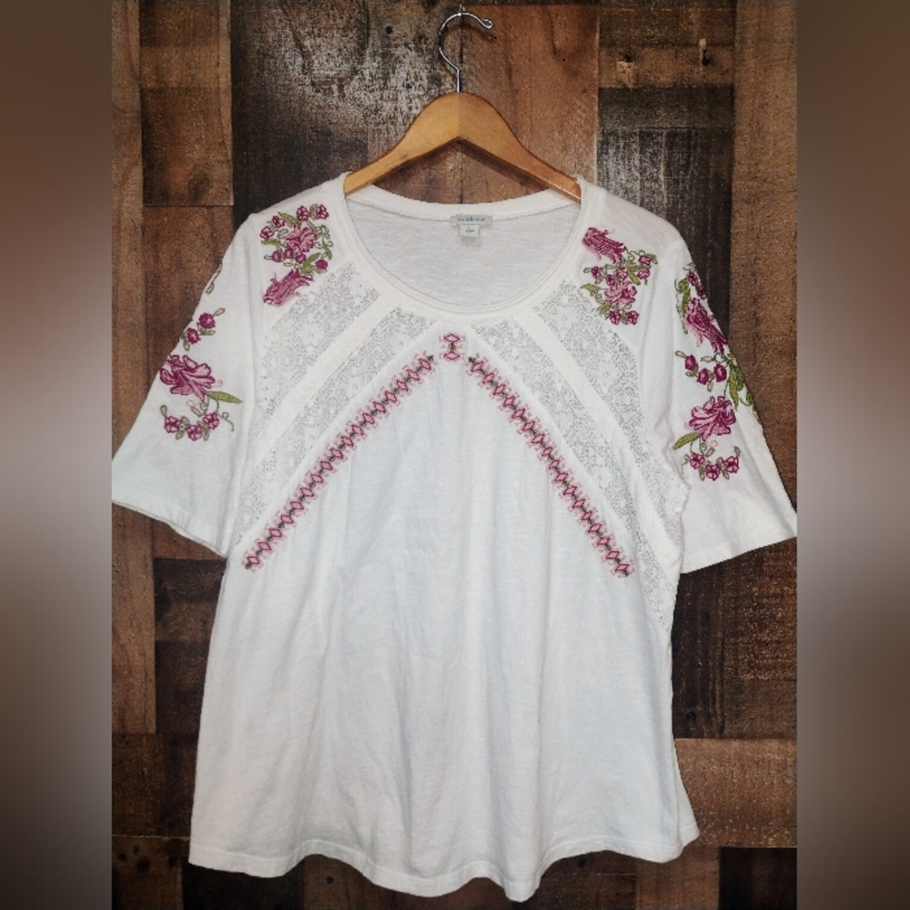 Sundance White Blouse with Pink Floral Embroidery
